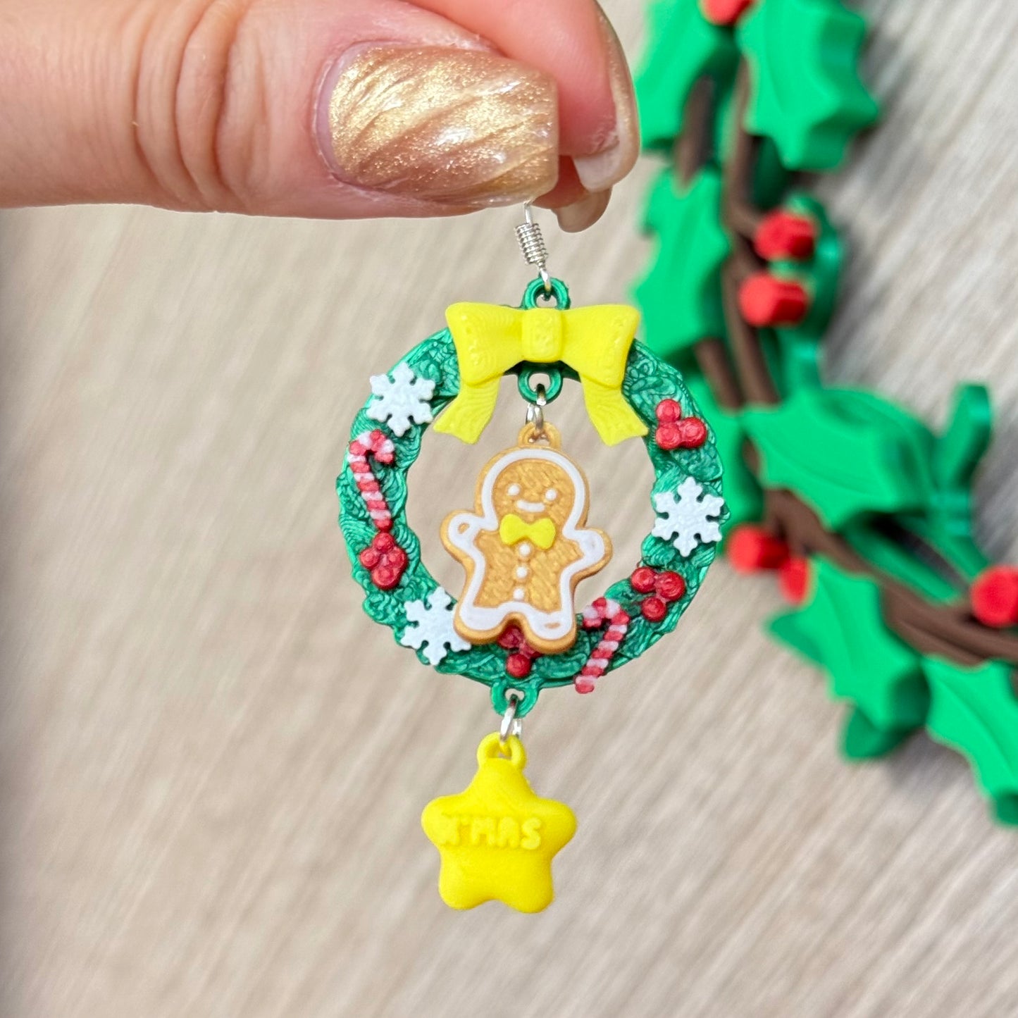 Christmas Wreath with gingerbread and snowman Earrings