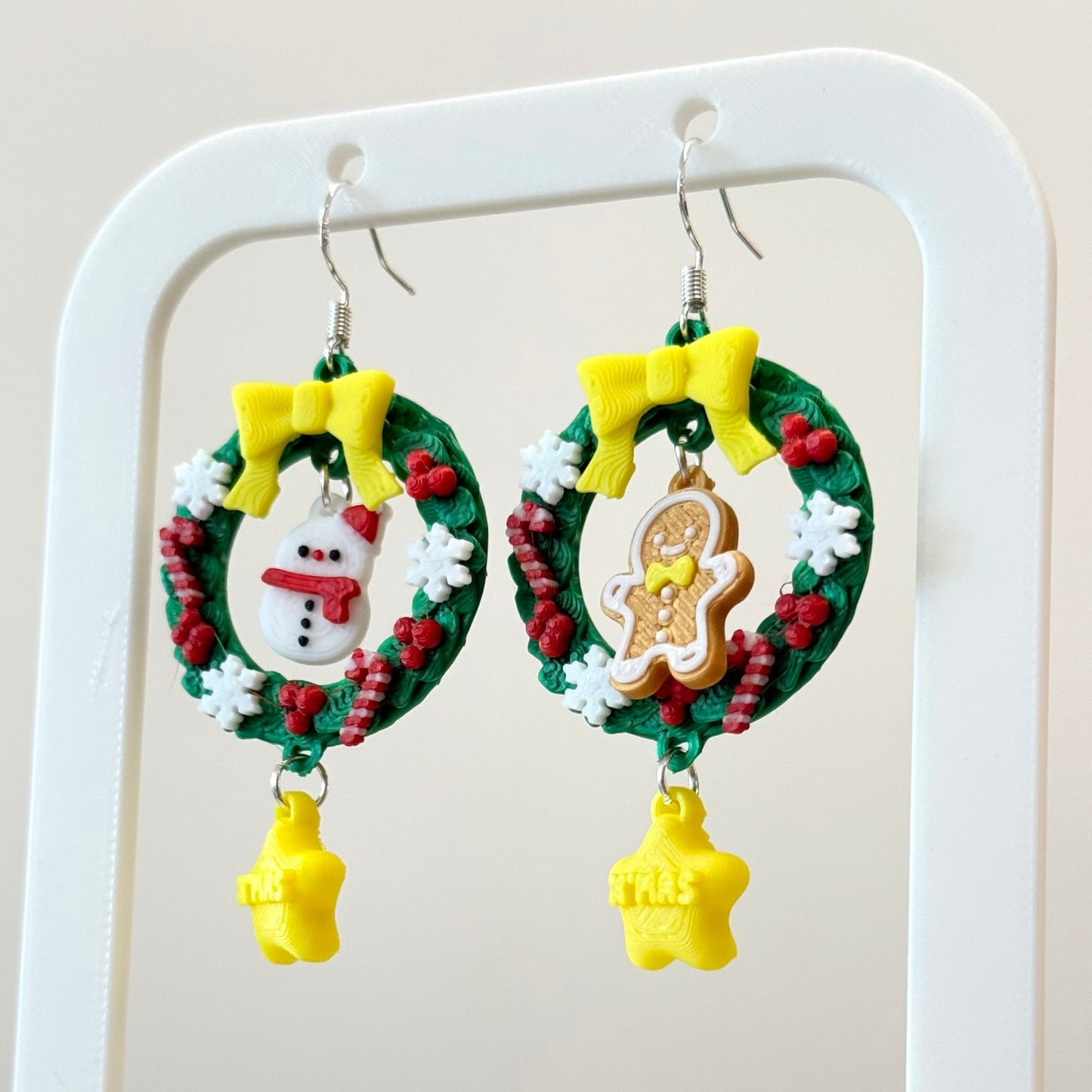 Christmas Wreath with gingerbread and snowman Earrings
