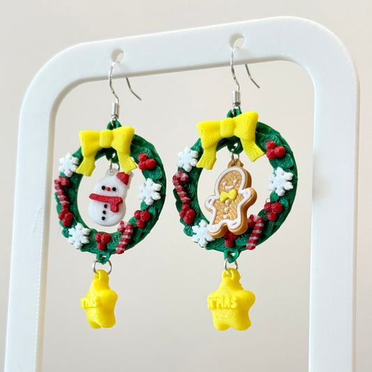 Christmas Wreath with gingerbread and snowman Earrings