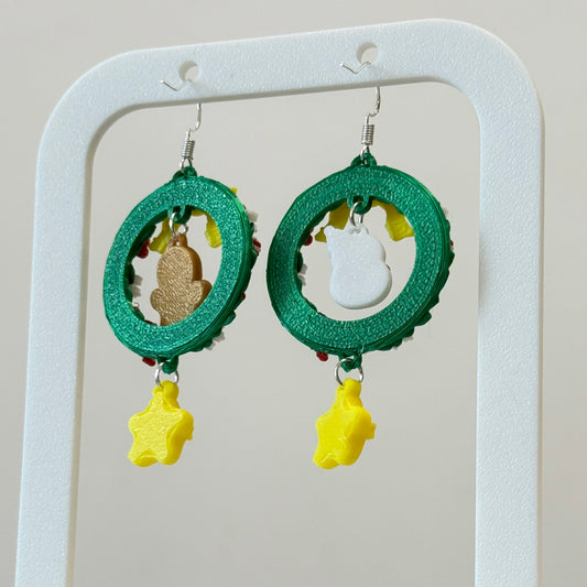 Christmas Wreath with gingerbread and snowman Earrings