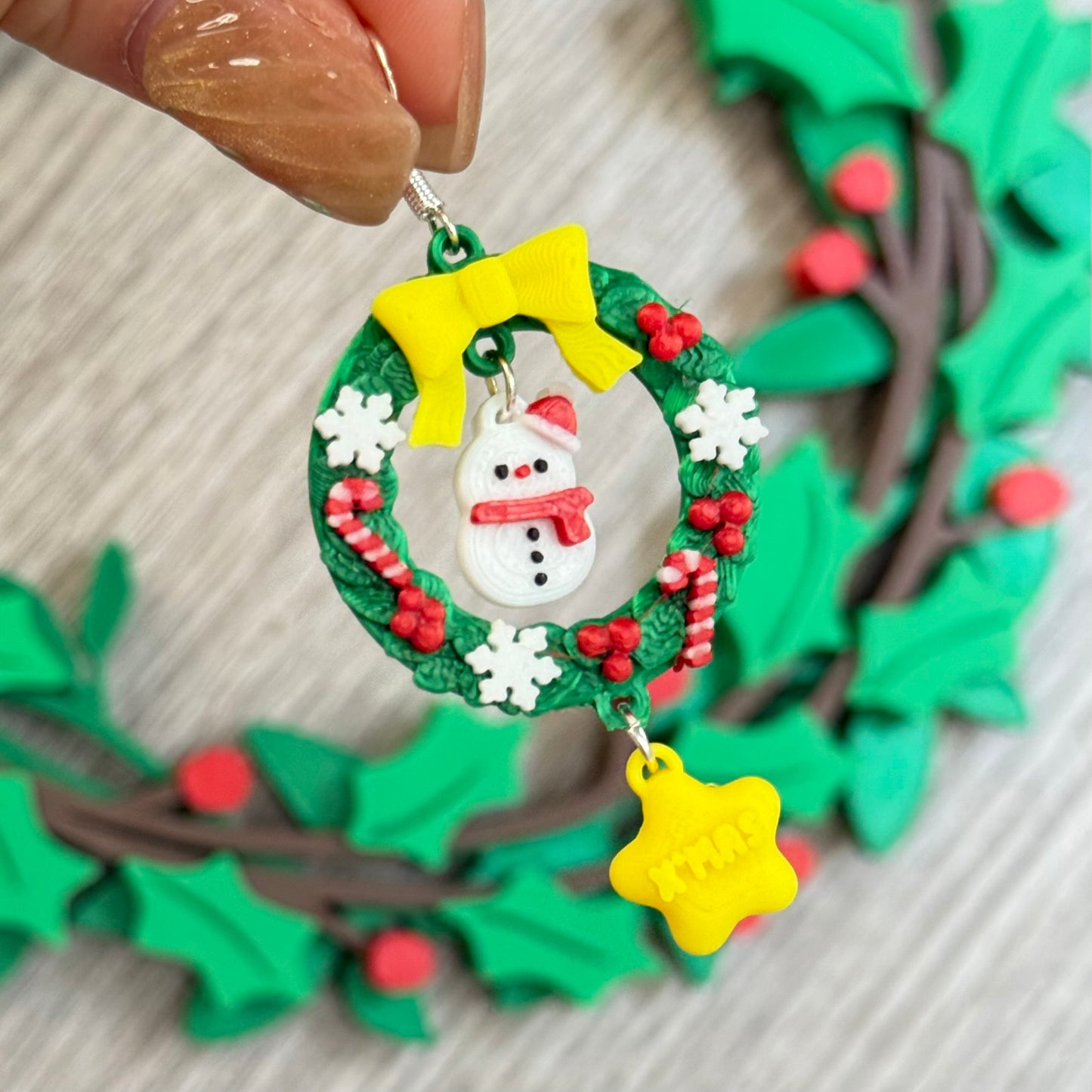 Christmas Wreath with gingerbread and snowman Earrings