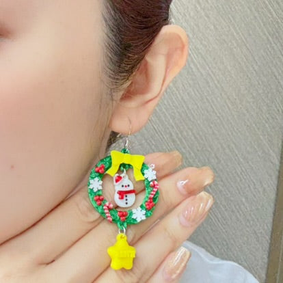 Christmas Wreath with gingerbread and snowman Earrings